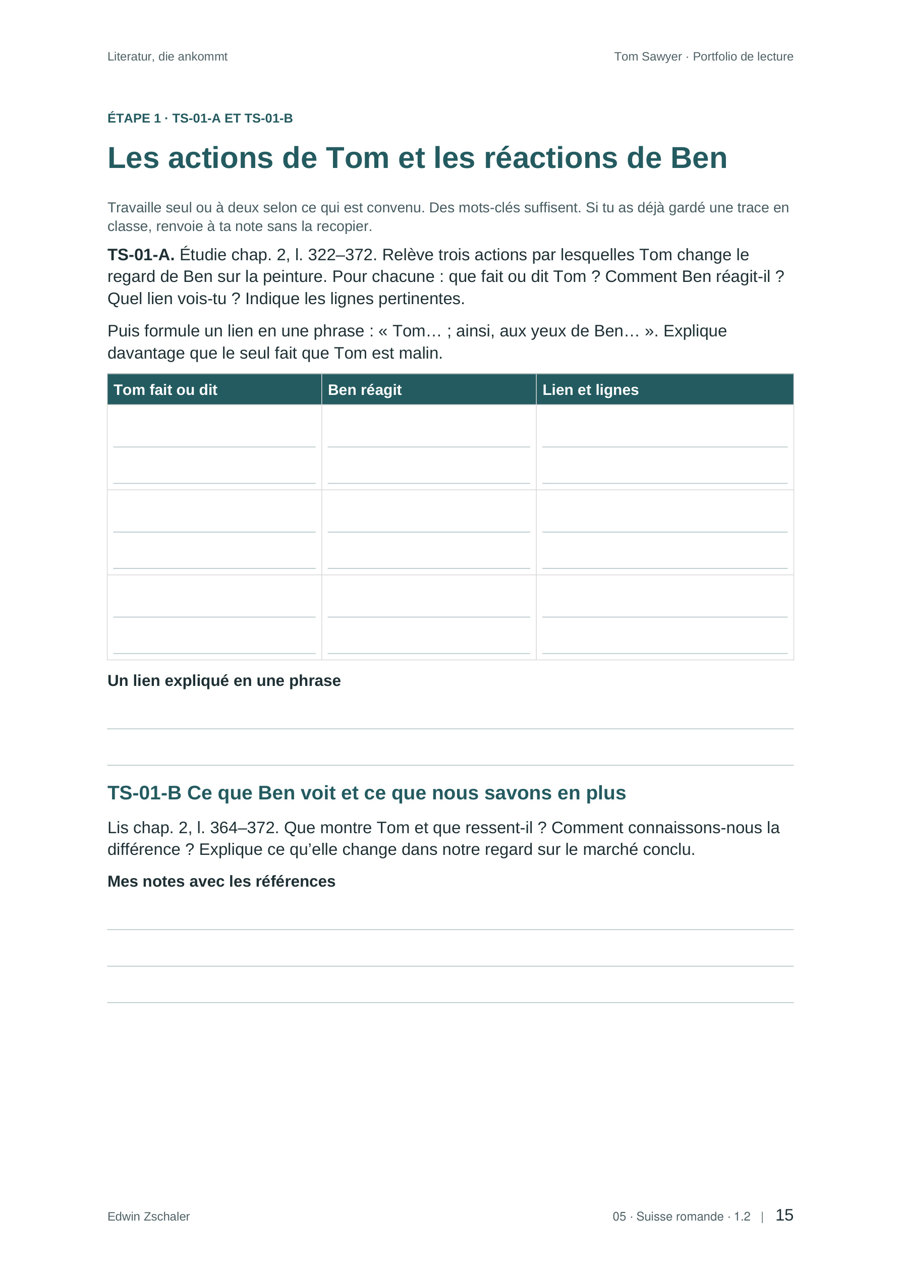 Activités TS01 du portfolio : observer Tom et étayer une interprétation